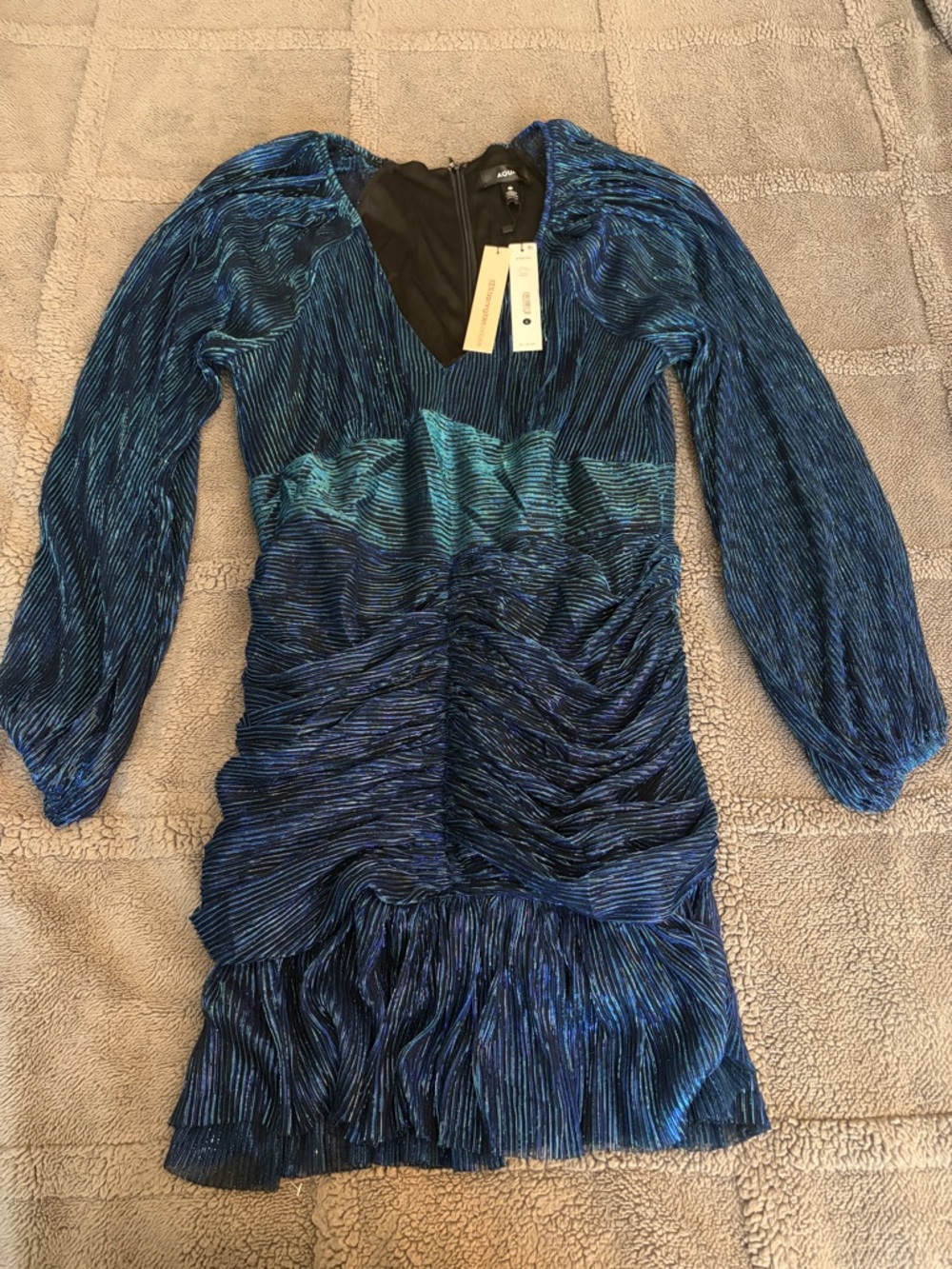 Aqua Blue and Teal Pleated Long-Sleeve Ruched Mini Dress